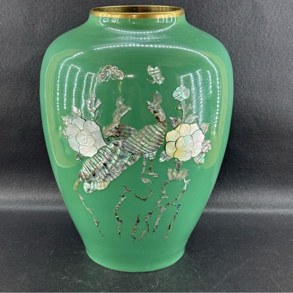 Source Unknown Other - Vintage Green Enamel Over Brass Vase Mother of Pearl Inlay Peacock Bird